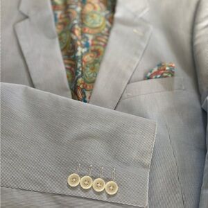Alan Flusser Light Blue Striped Blazer with Paisley Lining men’s XL pocket scarf